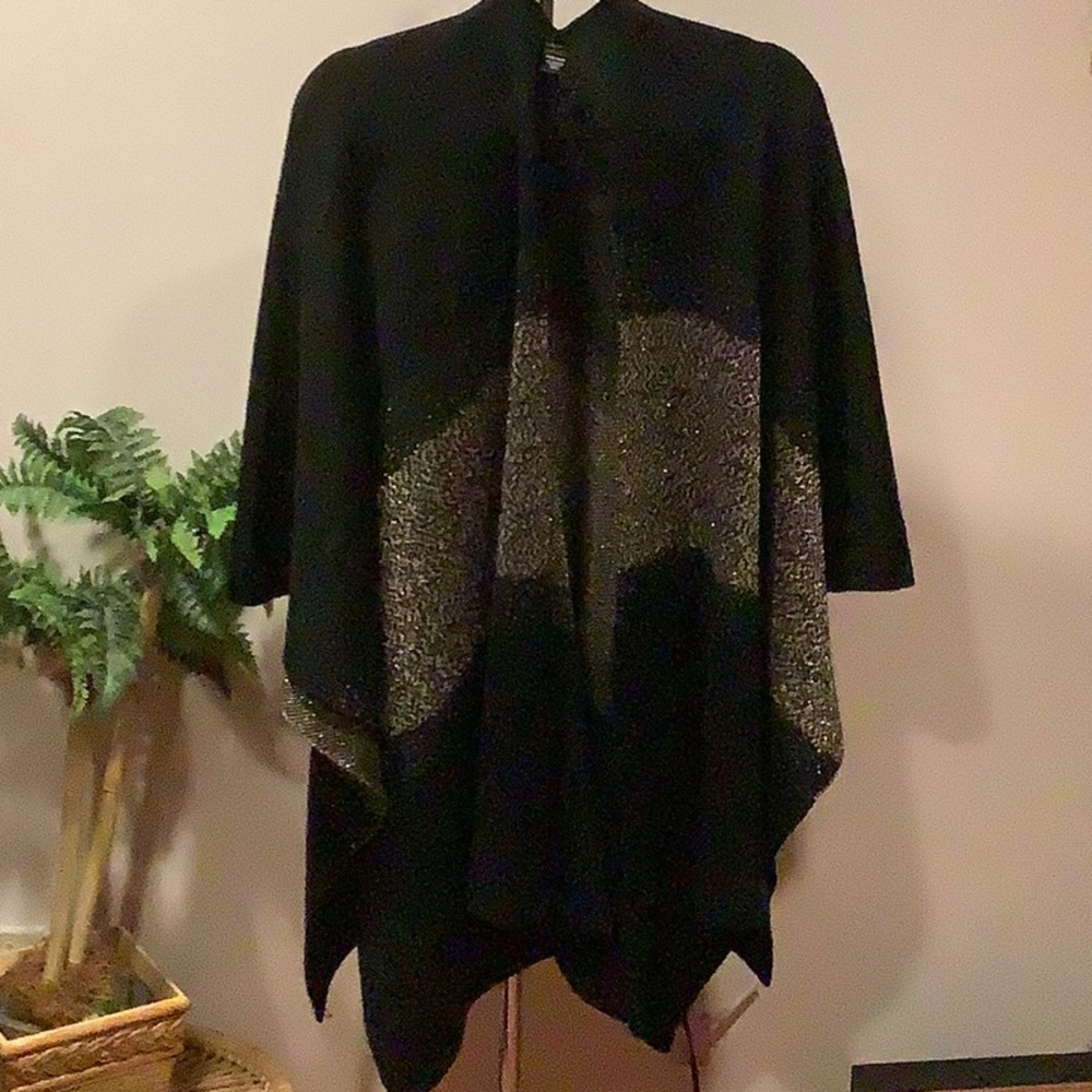 Black knit shawl with golden center wide stripe